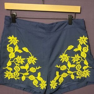Navy Blue Women's Shorts with Yellow Embroidery. Lined. Medium. Side Zip